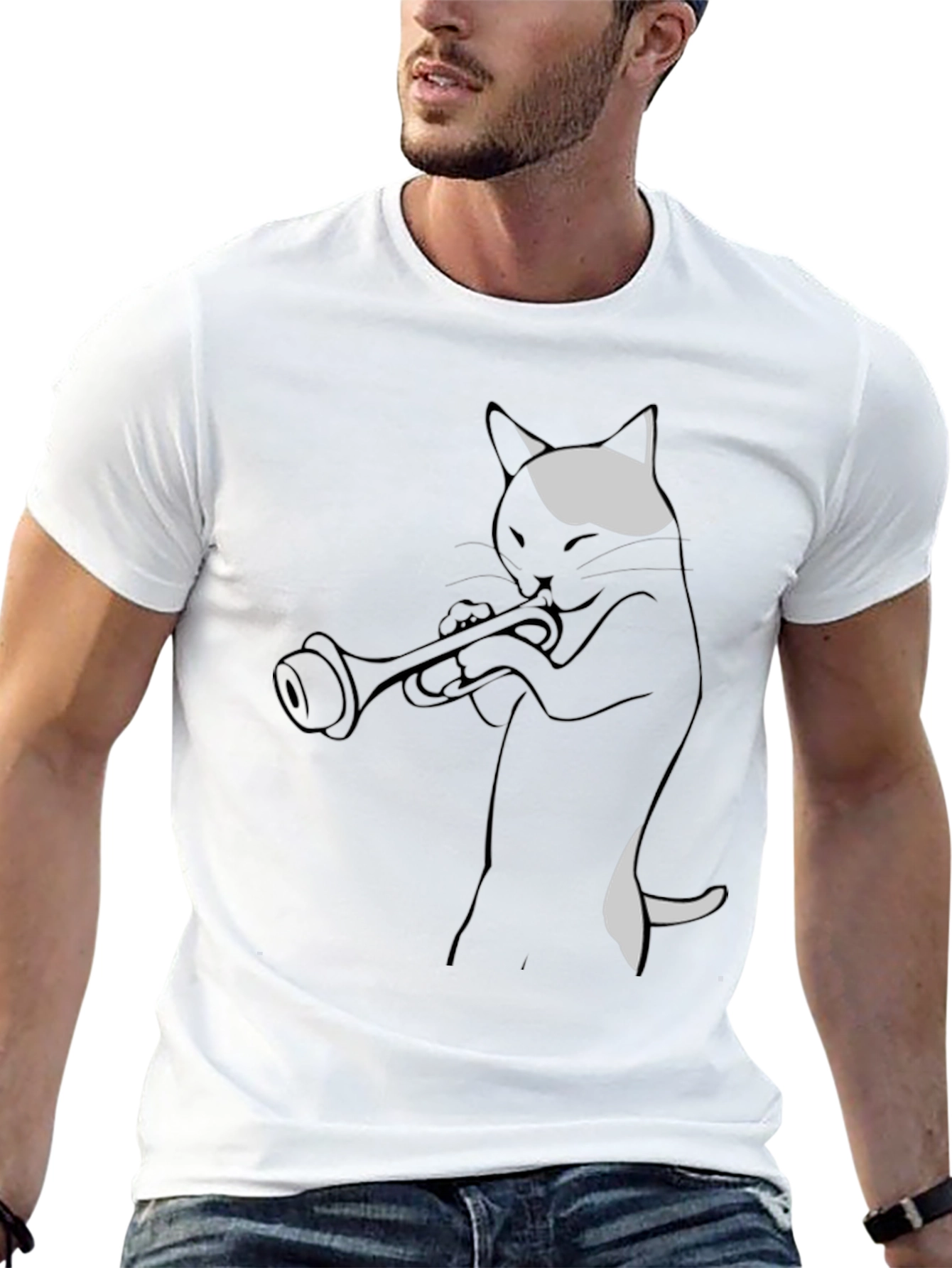 Cat Trumpet Player Black T-Shirt