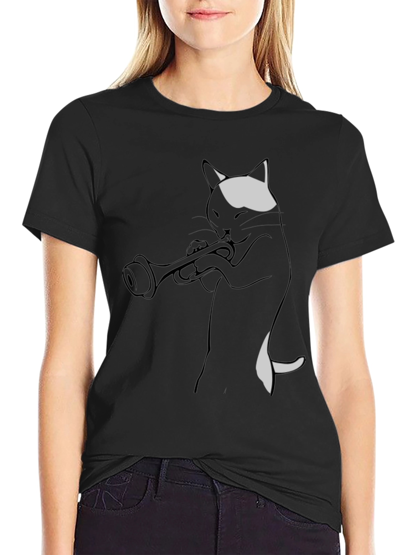 Cat Trumpet Player Black T-Shirt