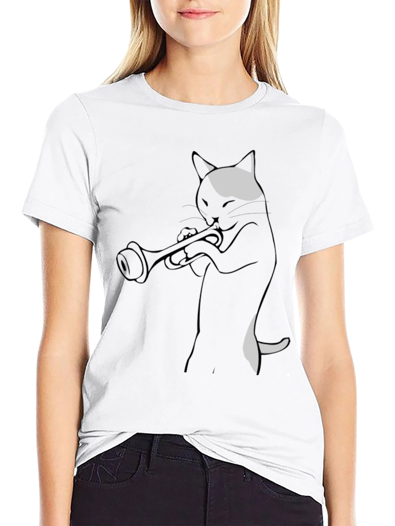 Cat Trumpet Player Black T-Shirt