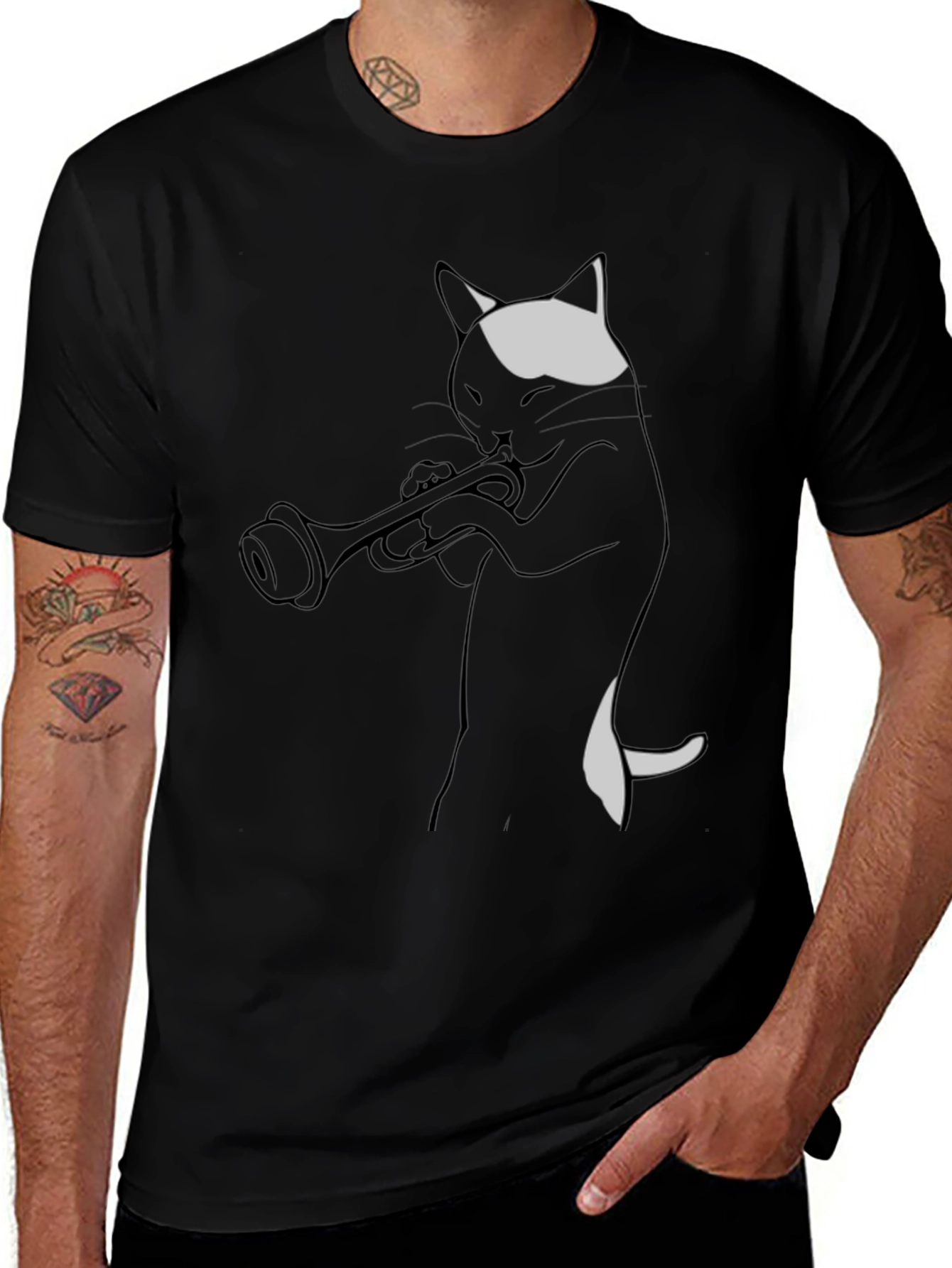 Cat Trumpet Player Black T-Shirt
