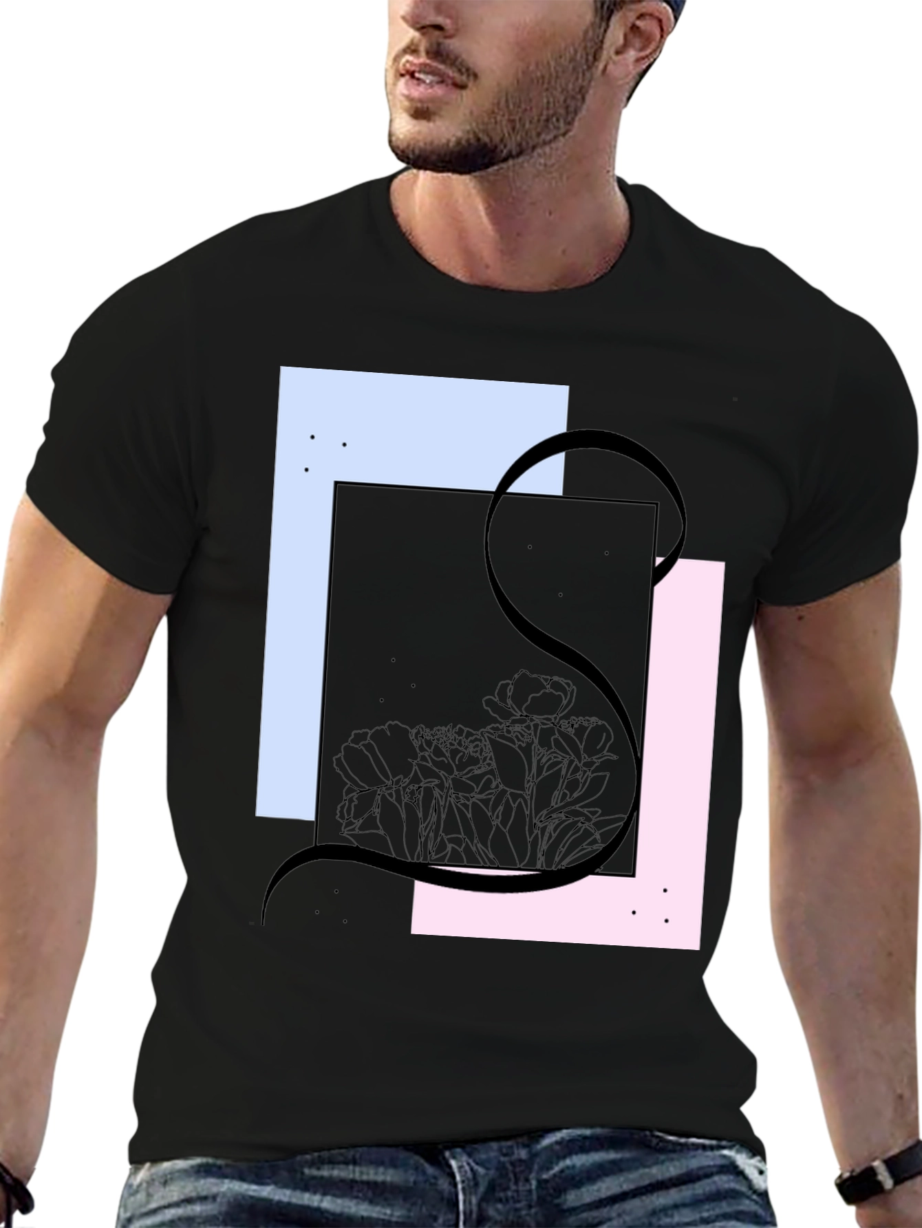 Abstract Floral Graphic Tee - Modern Black T-Shirt