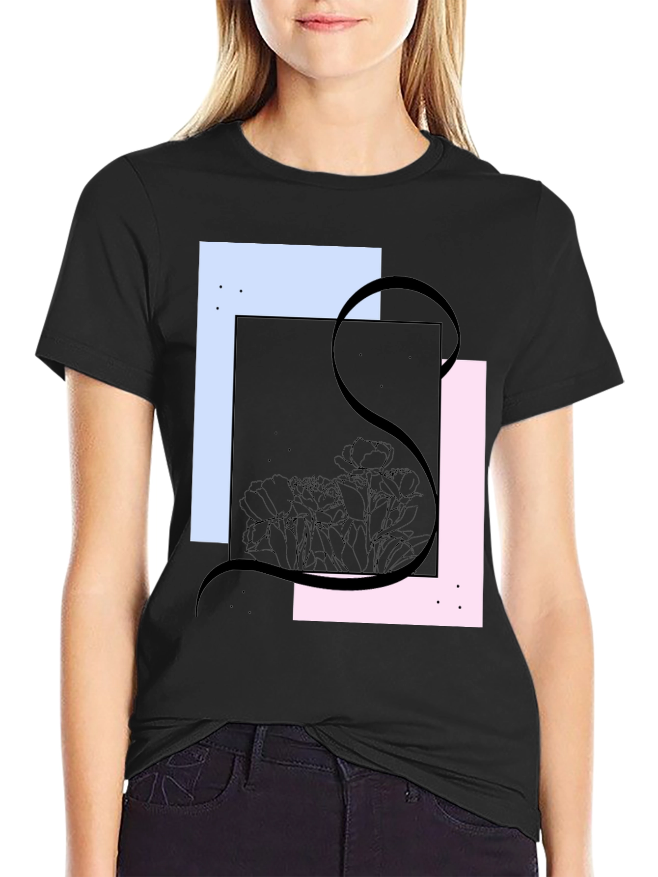 Abstract Floral Graphic Tee - Modern Black T-Shirt