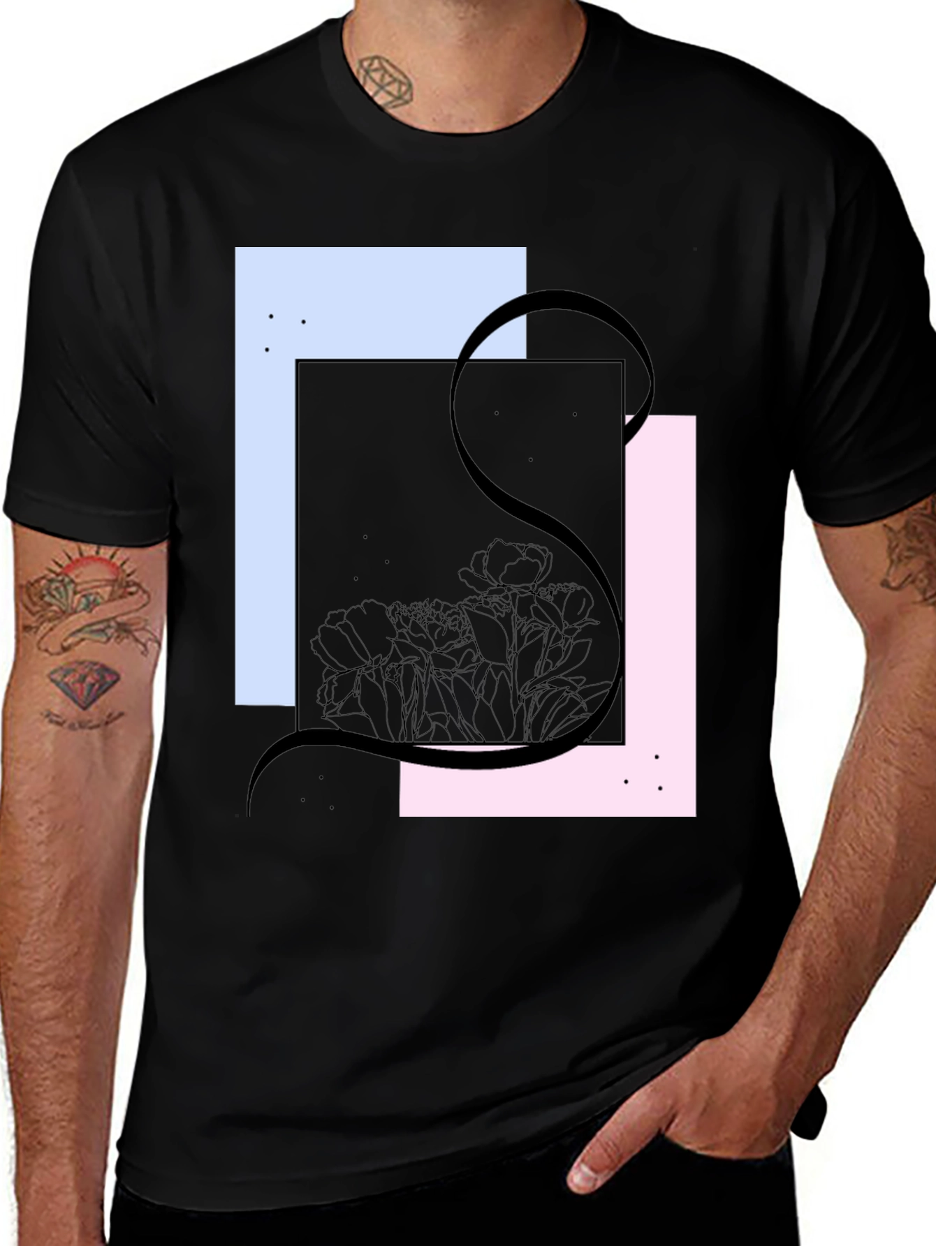 Abstract Floral Graphic Tee - Modern Black T-Shirt