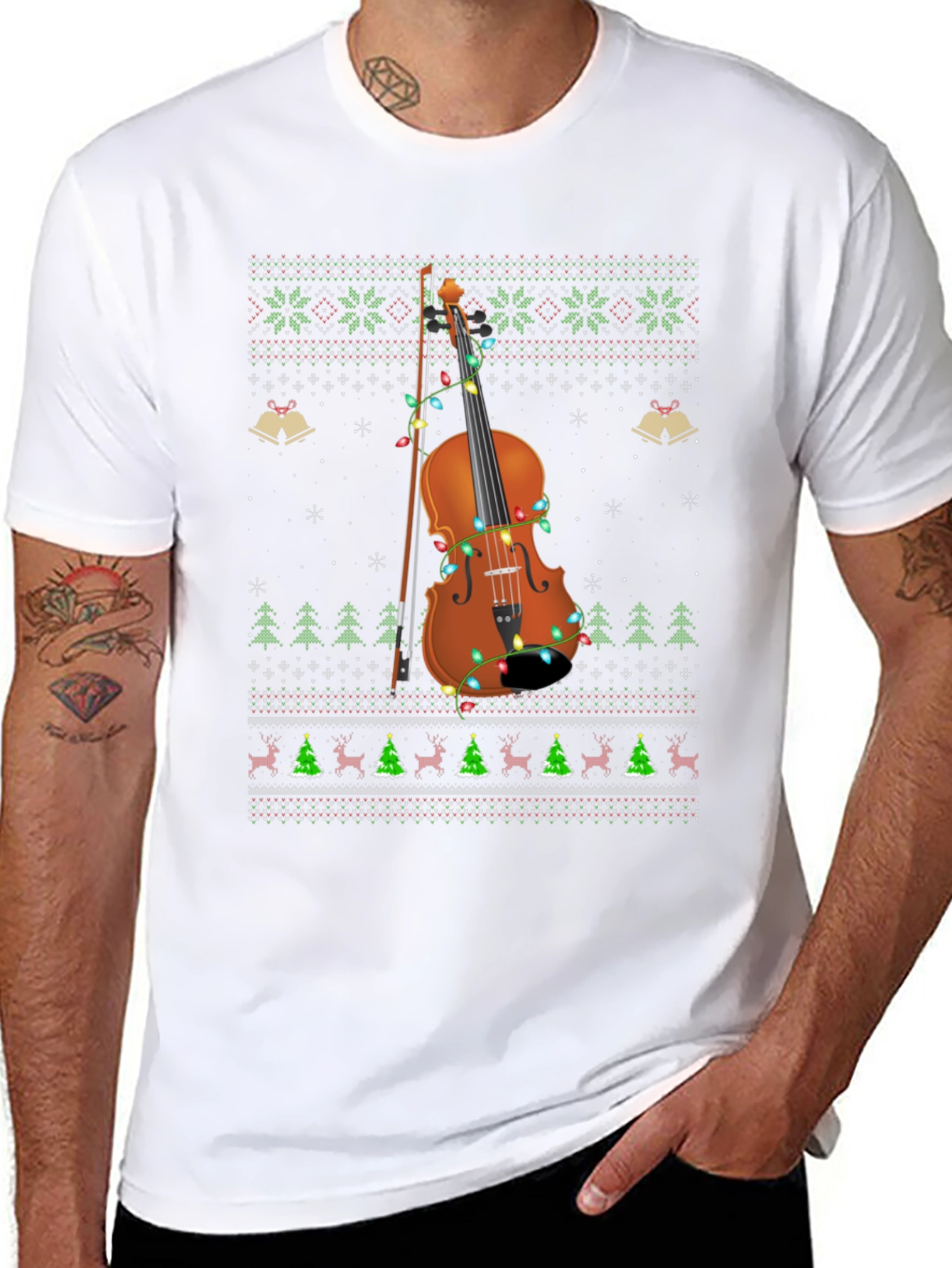 Ugly Christmas Sweater Style Violinist T-Shirt