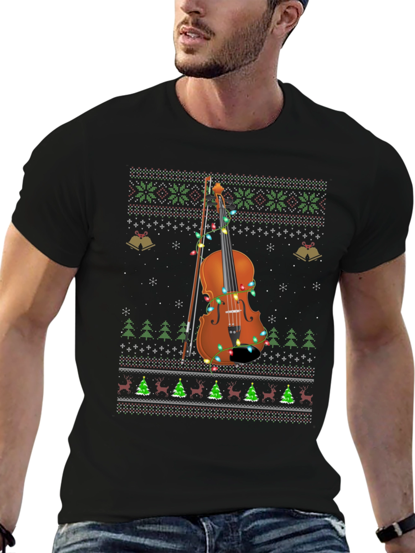 Ugly Christmas Sweater Style Violinist T-Shirt