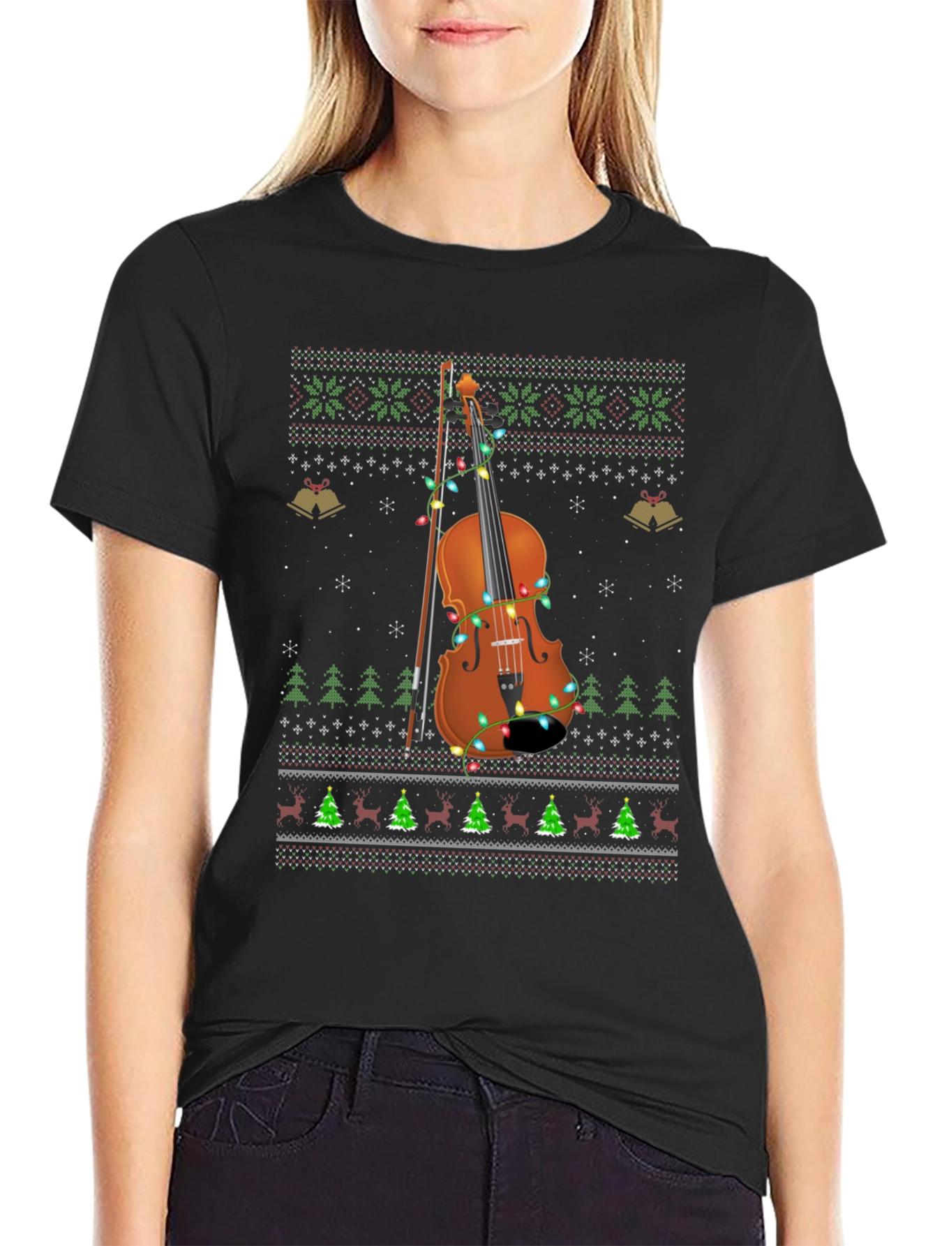 Ugly Christmas Sweater Style Violinist T-Shirt