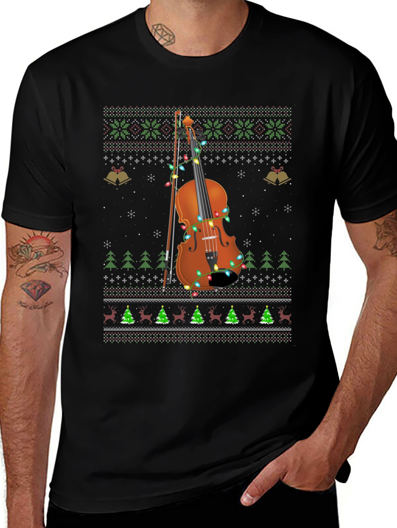 Ugly Christmas Sweater Style Violinist T-Shirt