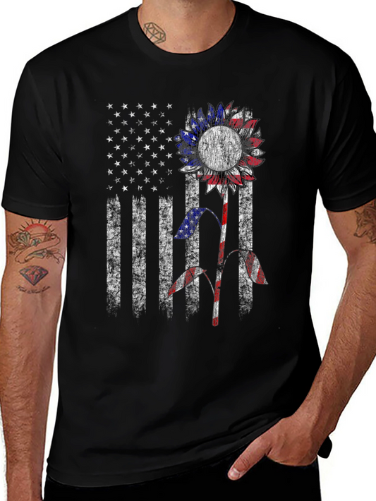 American Flag Sunflower Graphic Tee - Patriotic Style